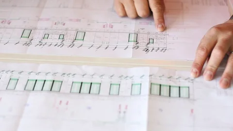 Close up of architectural sketches of hospital. Stock Footage 99973353