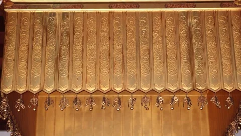 Close architectural study of traditional wooden detailing at Nison-in Temple Stock Footage 345227088