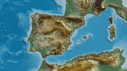 Close-up of arelief map centered on Spain 库存插图