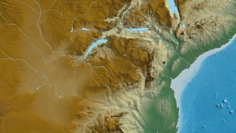 Close-up of arelief map centered on Zimbabwe Stock Illustration