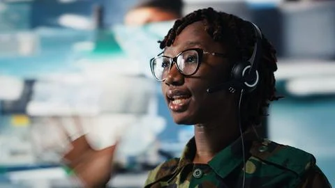 Close up of army telecommunications operator uses tablet Stock Photos