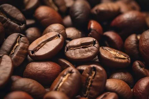  Close-up of aromatic coffee beans representing the rich taste of espresso... Stock-Fotos