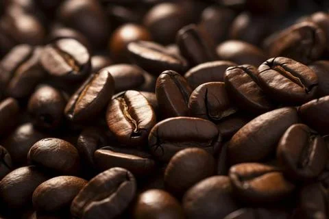  Close-up of aromatic coffee beans representing the rich taste of espresso... Stock-Fotos