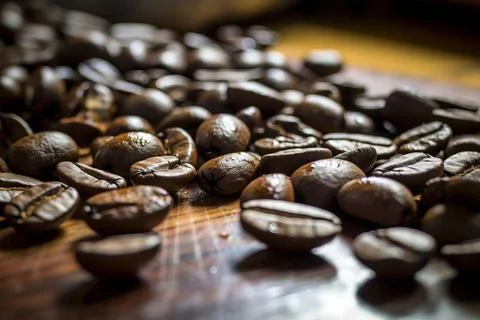  Close-up of aromatic coffee beans representing the rich taste of espresso... Stock-Fotos