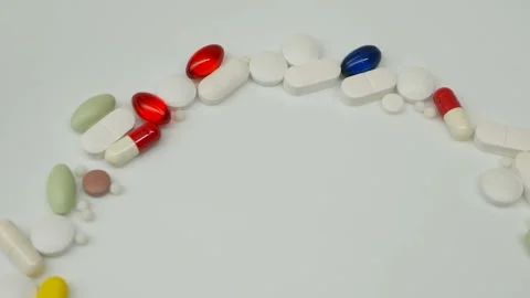 Close up, around rotating with red, blue, white, colored pills Stock Footage 85743202