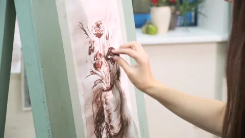 Close-up. Art school students paint on canvas Stock Footage 144953487