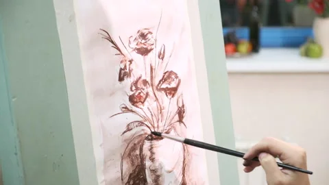 Close-up. Art school students paint on canvas Video stock 144954317