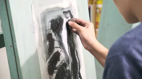 Close-up. Art school students paint on canvas Stock Footage 144954724
