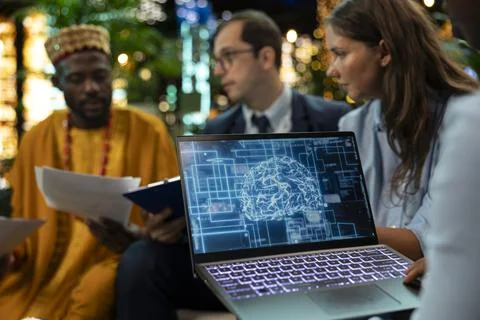 Close up of artificial intelligence software on laptop used by professionals 库存照片