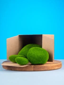 Close up of artificial moss stones for interior and creativity on wooden tabl Foto stock