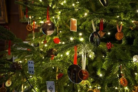 Close up Artificial pine Christmas tree decorating idea Stock Photos
