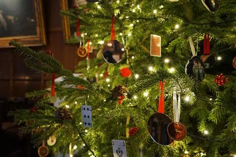 Close up Artificial pine Christmas tree decorating idea Stock Photos