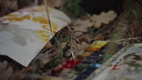 Close-up, the artist's brush paints a forest landscape in watercolor among Video stock 337122763