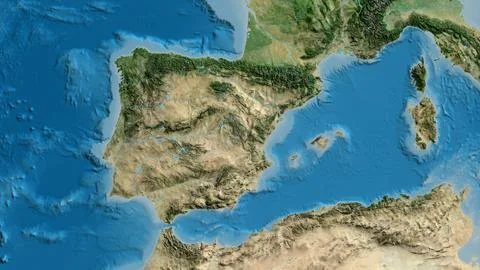 Close-up of asatellite map centered on Spain 库存插图