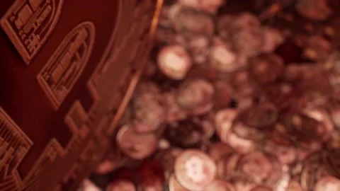 A Close up ascending towards edge of huge bitcoin Stock Footage 155303795