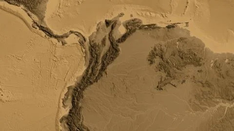 Close-up of asepia elevation map centered on Colombia Stock Illustration