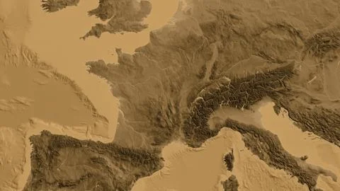 Close-up of asepia elevation map centered on France Stock Illustration