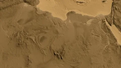 Close-up of asepia elevation map centered on Libya Stock Illustration