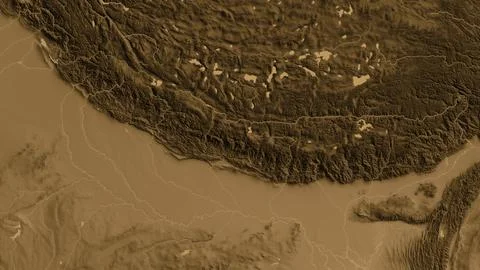 Close-up of asepia elevation map centered on Nepal Stock Illustration