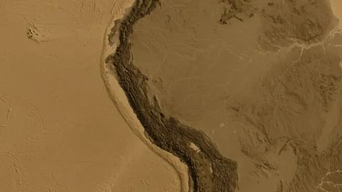 Close-up of asepia elevation map centered on Peru Stock Illustration
