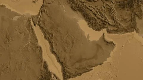 Close-up of asepia elevation map centered on Saudi Arabia Stock Illustration