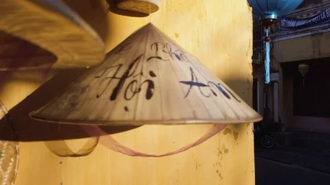 Close up of Asian conical bamboo hat with  decoration of Hoi An Stock Footage 113791550
