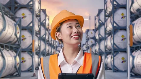 Close Up Of Asian Female Engineer Looking At The Tablet In Her Hand Stock Footage 340841591