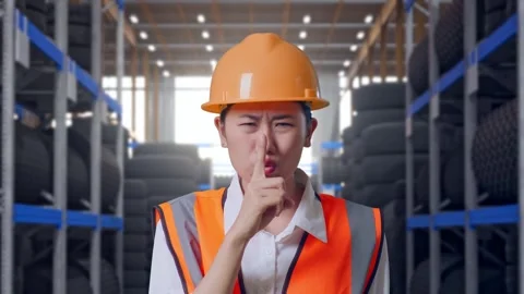 Close Up Of Asian Female Engineer Making Shh Gesture at Tire Warehouse Stock Footage 341788506