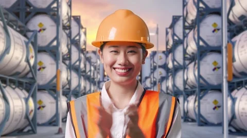 Close Up Of Asian Female Engineer Smiling And Clapping Her Hands Stock Footage 340843015