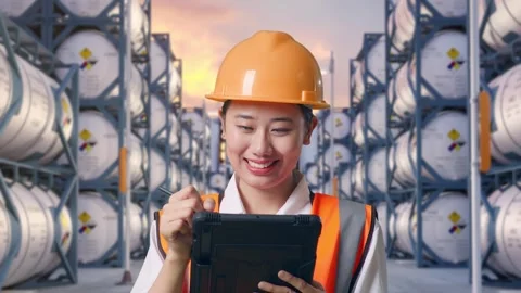 Close Up Of Asian Female Engineer Taking Note On The Tablet with Chemical Tanks Stock Footage 340841601