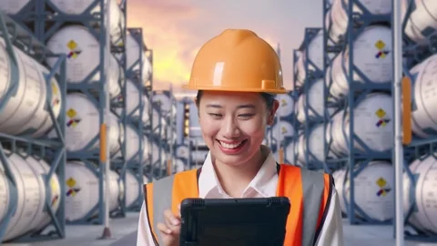 Close Up Of Asian Female Engineer Working On A Tablet with Chemical Tanks Stock Footage 340841553