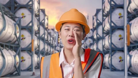 Close Up Of Asian Female Engineer Yelling With Hand Over Mouth Video stock 340841492