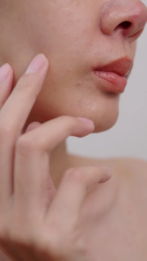 Close-up of asian female touching their jawline, showing natural skin texture Stock Footage 345336059