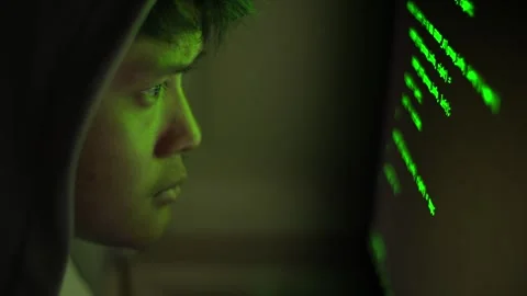 Close-Up of Asian Hacker in Action In Dark Green Room, Cyber Security Concept Stock Footage 336441936