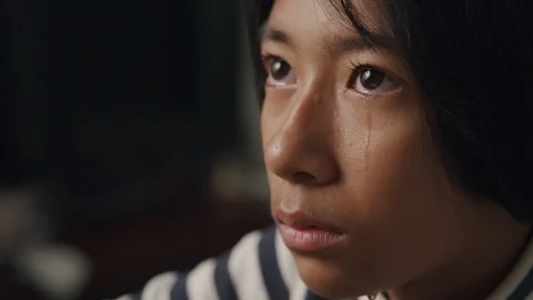 Close up of Asian little girl crying and tears. Asia girl have sad emotion Stock Footage