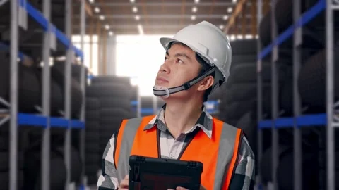 Close Up Of Asian Male Engineer Looking At The Tablet In His Hand Tire Warehouse Stock Footage 341786777