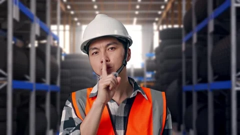 Close Up Of Asian Male Engineer Making Shh Gesture at Tire Warehouse Stock Footage 341787129