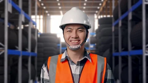 Close Up Of Asian Male Engineer Smiling To Camera at Tire Warehouse Stock Footage 341786792