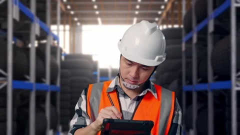 Close Up Of Asian Male Engineer Taking Note On The Tablet at Tire Warehouse Stock Footage 341786814