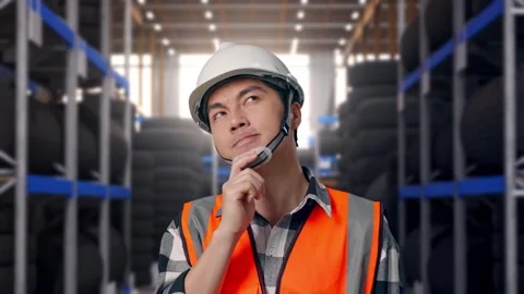Close Up Of Asian Male Engineer Thinking About Something at Tire Warehouse Stock Footage 341787035