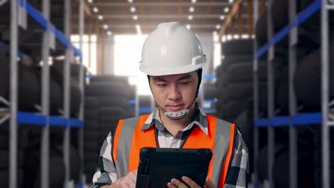 Close Up Of Asian Male Engineer Working On A Tablet at Tire Warehouse Stock Footage 341786753