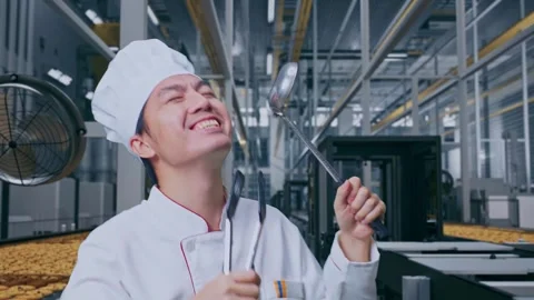 Close Up Of Asian Man Chef Holding Tongs And Ladle And Dancing In Cookie Factory Stock Footage 318081736
