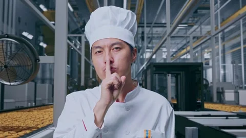 Close Up Of Asian Man Chef Making Shh Gesture In Cookie Factory Vidéo 318081351