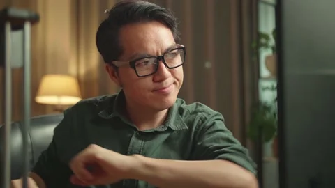 Close Up Asian Man Stretching While Works On Personal Computer And 3D Printer Stock Footage 158108528