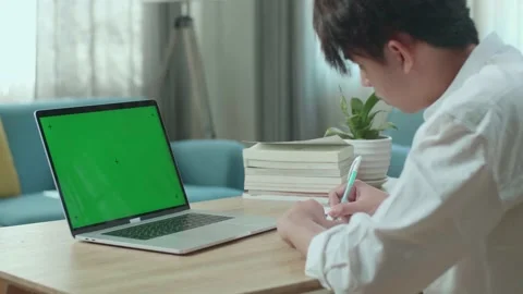 Close Up Of Asian Man Student Look At Green Screen Computer Stock Footage 171593359