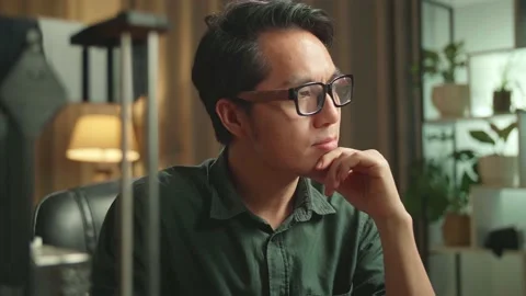 Close Up Asian Man Thinking While Works On Personal Computer And 3D Printer Stock Footage 158108552