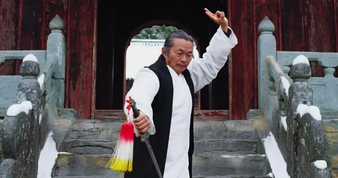 Close up: Asian master, demonstrates Tai chi martial arts sword combat in Wudang Stock Footage 201094703
