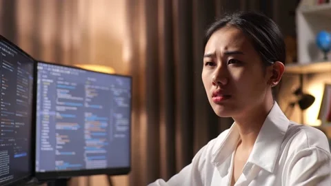 Close Up Of Asian Woman Programmer Thinking About Something While Creating Stock Footage 232034889