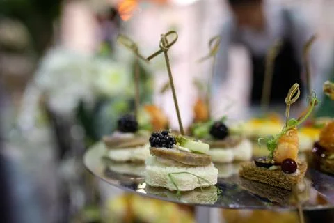 Close-up of assorted canapes on a glass surface Stock Photos