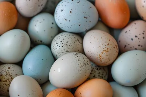 Close-up of assorted speckled eggs with a diversity of natural colors Stock Photos